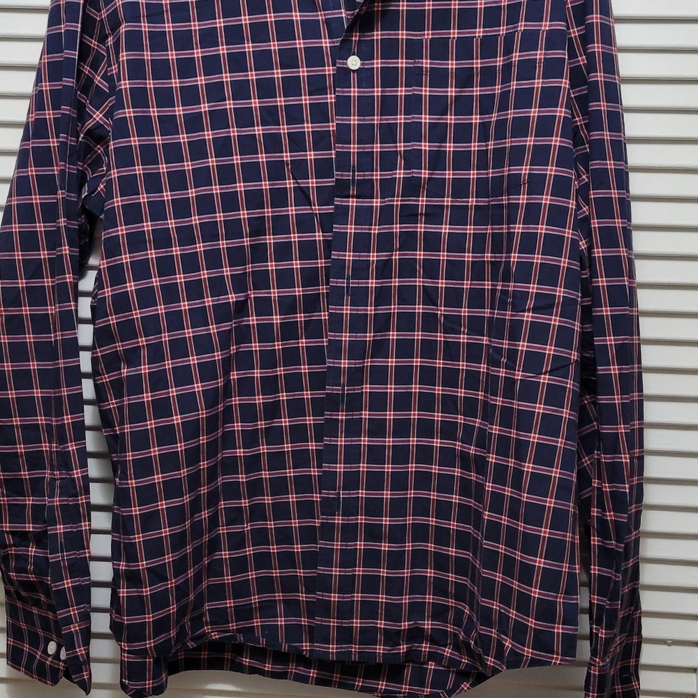 Banana Republic Men's Navy and Pink Checkered Shirt Long Sleeve